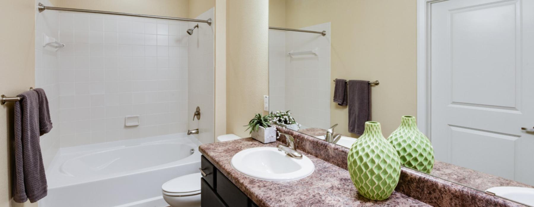 a bathroom with a marble countertop